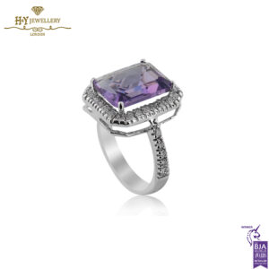 White Gold Radiant Cut Amethyst & Round Diamond Cut Ring - 3.20ct-14157
