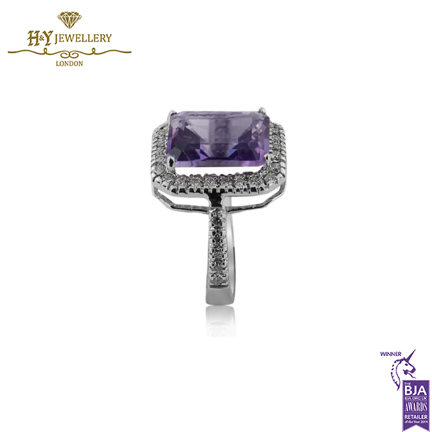 White Gold Radiant Cut Amethyst & Round Diamond Cut Ring - 3.20ct-14158