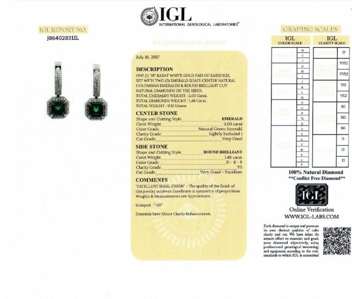 White Gold Emerald Cut Colombian Emerald & Brilliant Cut Diamond Earrings - 4.49ct-4658
