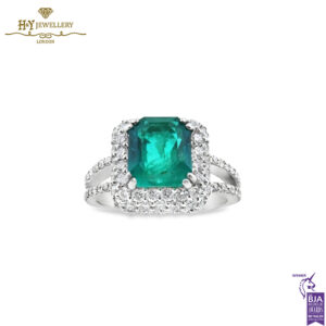 White Gold Emerald Cut Bluish Green Emerald & Round Brilliant Cut Ring - 3.50ct-0