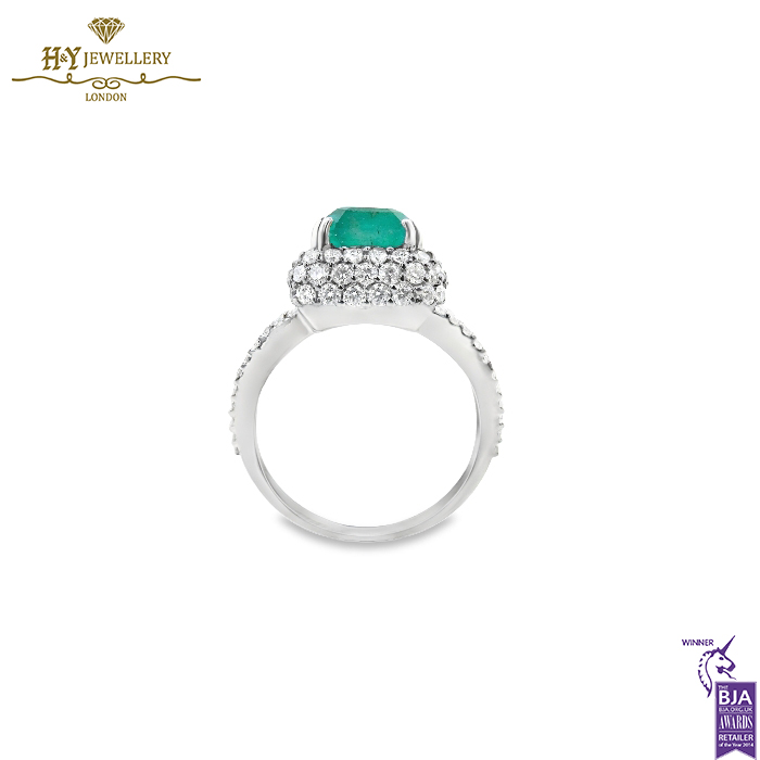 White Gold Emerald Cut Bluish Green Emerald & Round Brilliant Cut Ring - 3.50ct-13978