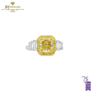 White Gold Radiant Cut Fancy Yellow Diamond & Tapered Cut Diamond Ring - 3.14ct-0