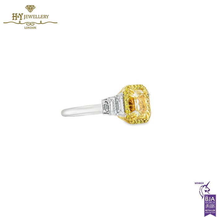 White Gold Radiant Cut Fancy Yellow Diamond & Tapered Cut Diamond Ring - 3.14ct-13971