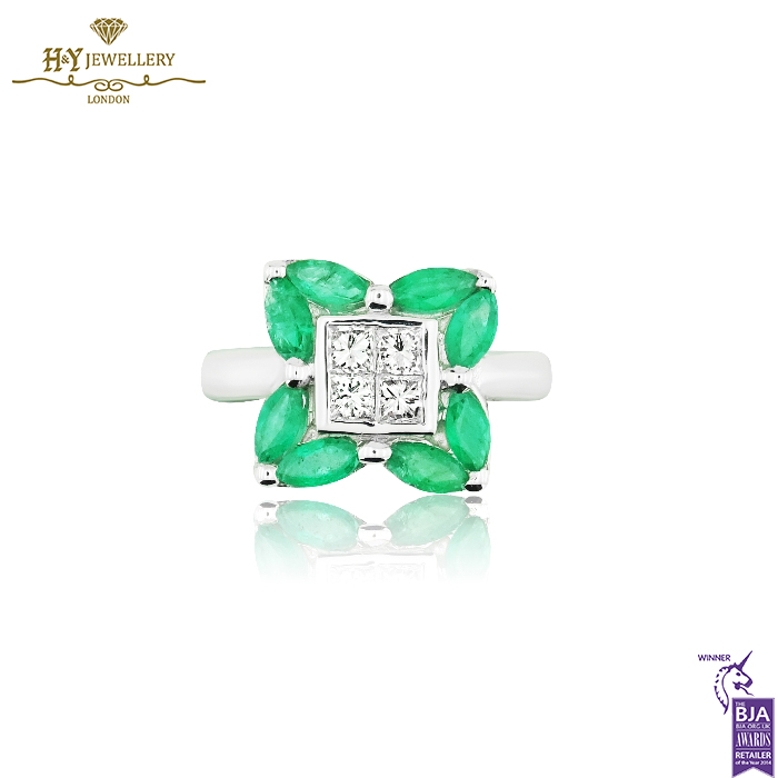 White Gold Marquise Cut Emerald & Brilliant Cut Diamond Ring - 1.55ct-0