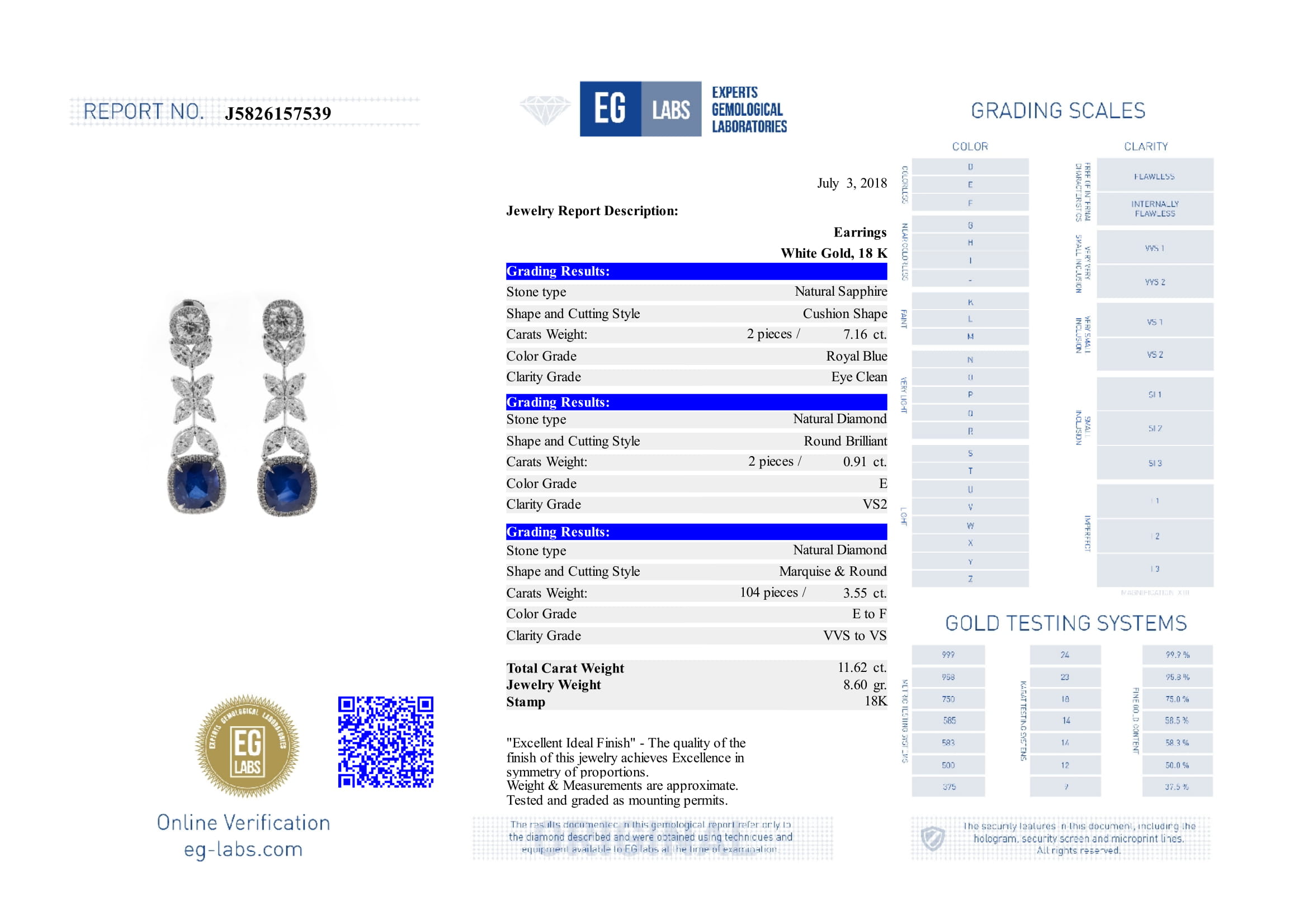 White Gold Cushion Cut Sapphire, Marquise & Brilliant Cut Diamond Earrings - 11.62ct-5615