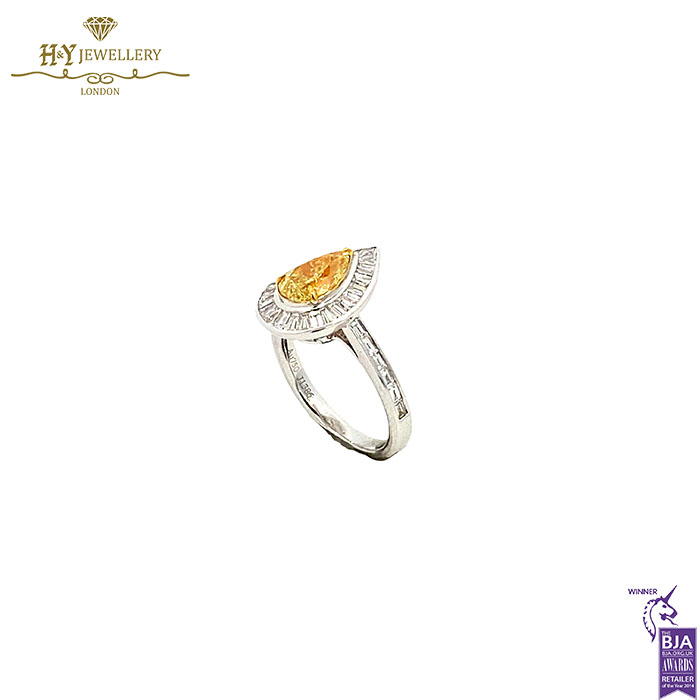 White Gold Pear Cut Fancy Yellow & Baguette Cut Diamond Ring - 3.08ct-17549