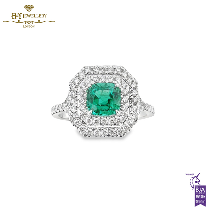 White Gold Cushion Cut Natural Zambian Emerald & Brilliant Cut Diamond Ring - 1.60ct-0