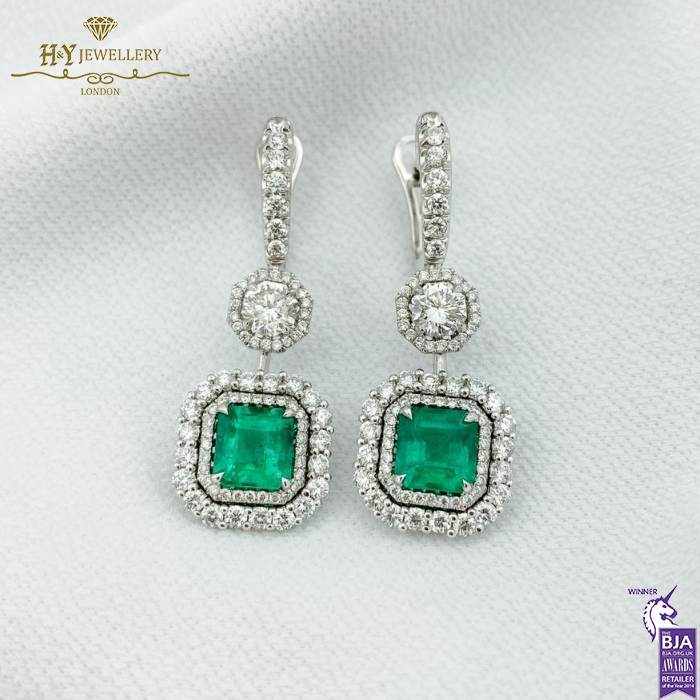 White Gold Square Emerald Cut Emerald & Octagon with Brilliant Cut Diamond Earrings - 6.11ct-14432