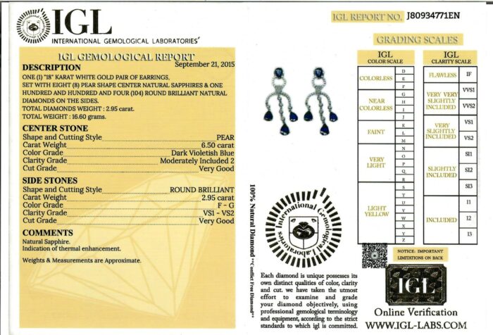 White Gold Pear Cut Sapphire & Brilliant Cut Diamond Chandelier Earrings - 9.45ct-16530