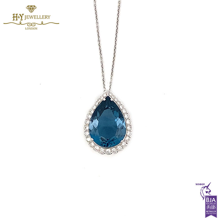 White Gold Pear Cut Blue Topaz & Brilliant Cut Diamond Necklace - 11.64ct-17261
