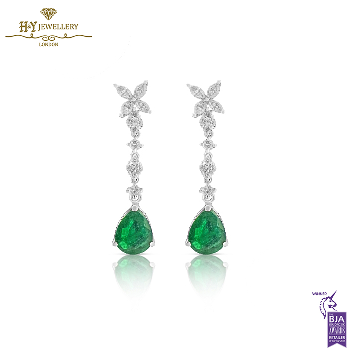 White Gold Pear Cut Emerald & Brilliant Cut Diamond Earrings - 3.59ct-0