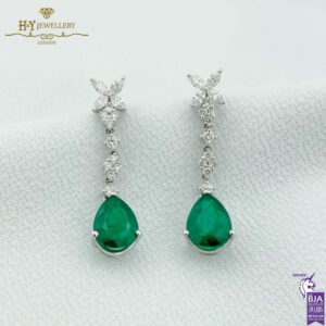 White Gold Pear Cut Emerald & Brilliant Cut Diamond Earrings - 3.59ct-14410