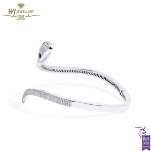 White Gold Snake Design Brilliant Cut Diamond & Emerald Bangle - 1.69ct-13615