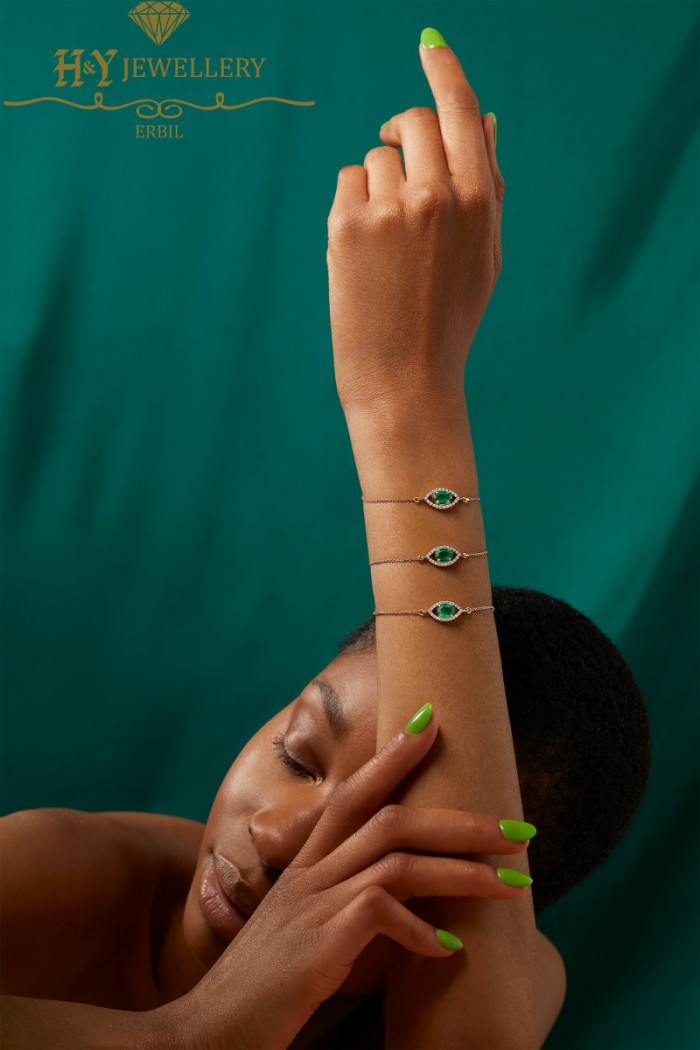 House Of Meraki Evil Eye Bracelet -Yellow Gold Zambian Emeralds and Diamond - 0.91ct-9225