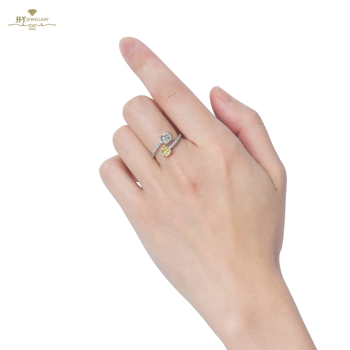 White Gold Cushion Cut Fancy Yellow & White & Round White Diamond Ring - 2.17ct-9389