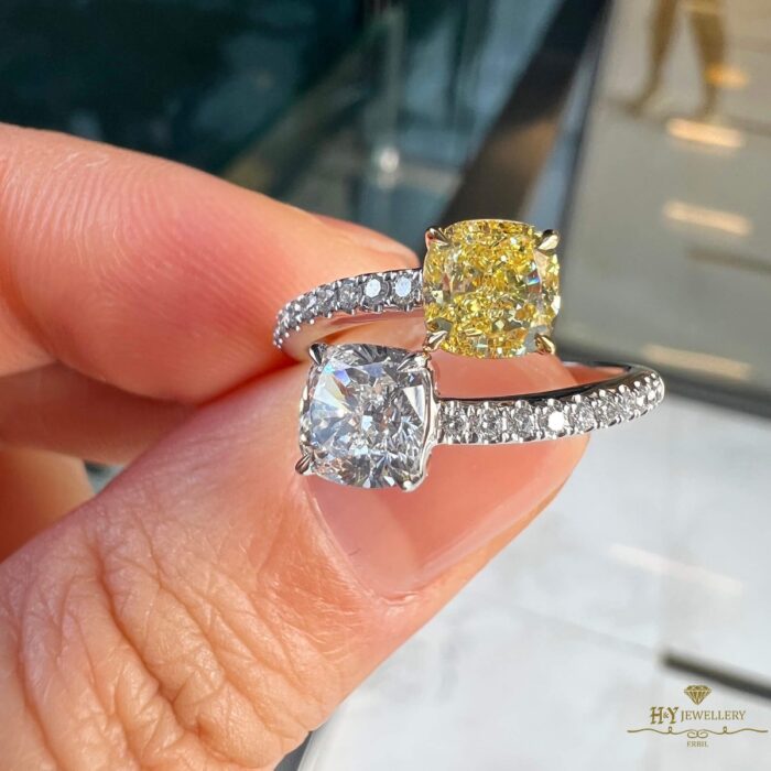 White Gold Cushion Cut Fancy Yellow & White & Round White Diamond Ring - 2.17ct-9391