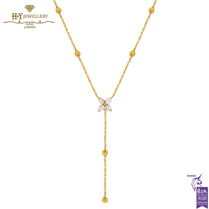Yellow Gold Brilliant Cut Diamond Flower Droplet Necklace - 0.29ct -0