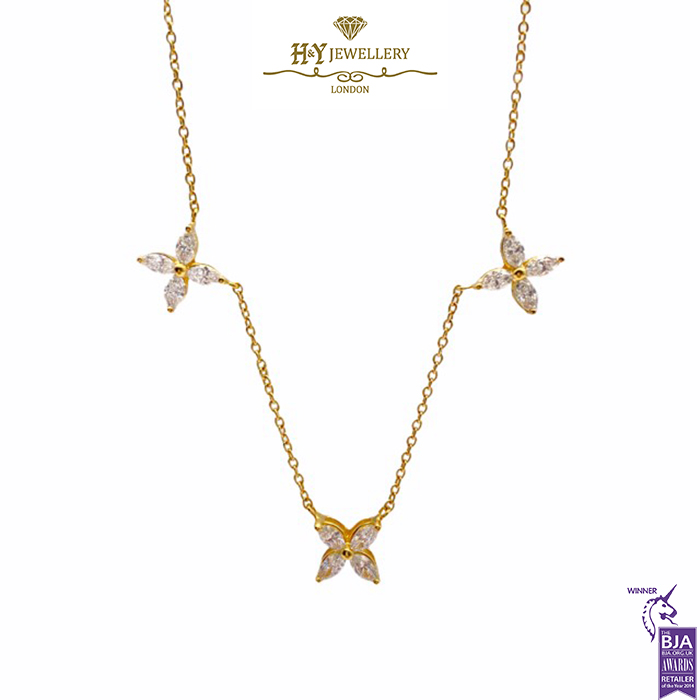 Yellow Gold Flower Trio Diamond Necklace - 0.88ct-0