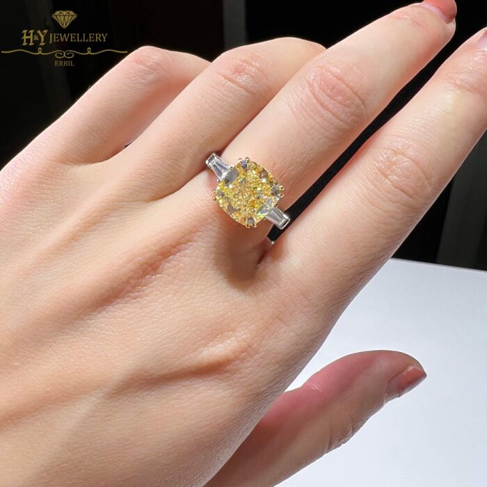White Gold Cushion Cut Fancy Yellow Diamond & Tapered Cut Diamond Ring - 6.41ct -10355