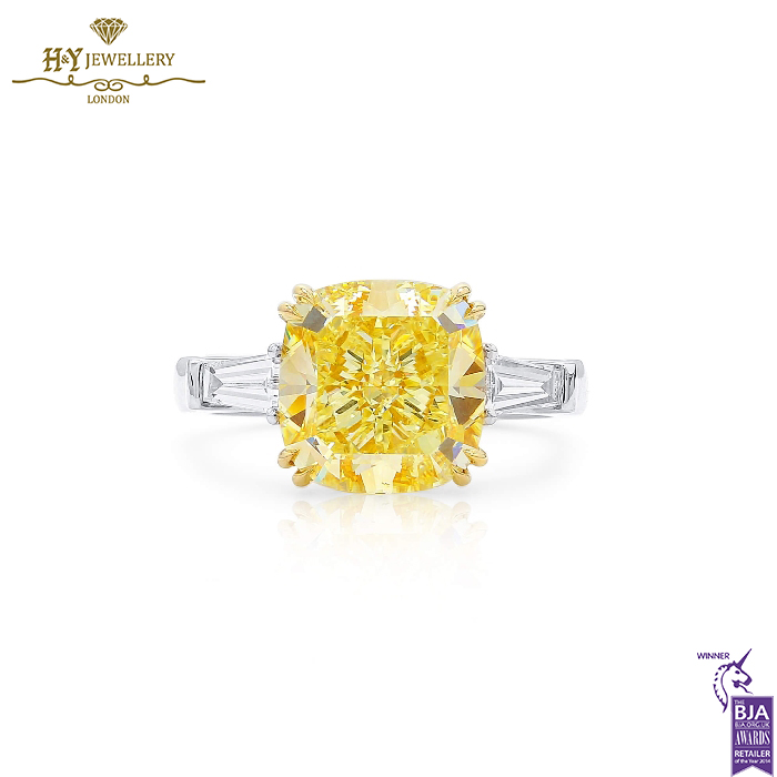 White Gold Cushion Cut Fancy Yellow Diamond & Tapered Cut Diamond Ring - 6.41ct -0