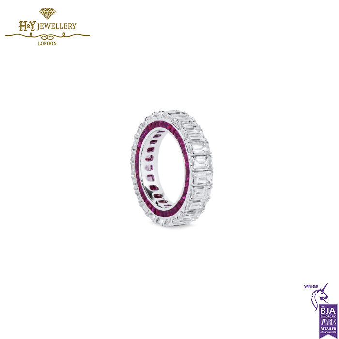 White Gold Emerald Cut Diamond & Ruby Baguette Cut Ring - 9.21ct-14708