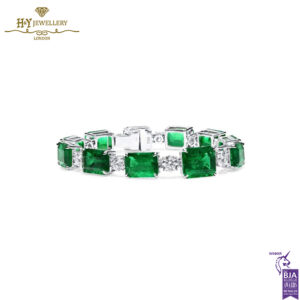 White Gold Emerald Cut Emerald Gemstone & Brilliant Cut Diamond Tennis Bracelet - 38.99 ct-0