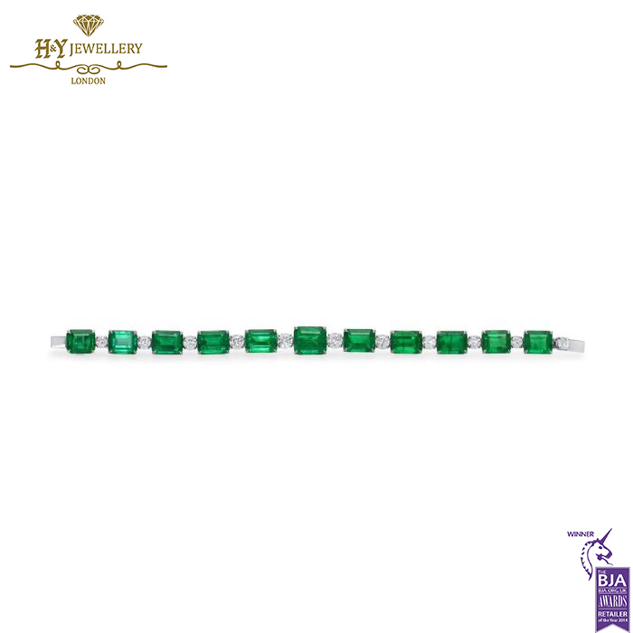 White Gold Emerald Cut Emerald Gemstone & Brilliant Cut Diamond Tennis Bracelet - 38.99 ct-15293