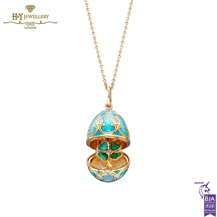 Fabergé Heritage Yellow Gold Diamond & Turquoise Guilloché Enamel Clover Surprise Locket-15415