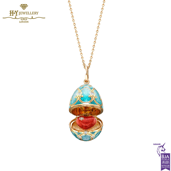 Fabergé Heritage Yellow Gold Diamond & Turquoise Guilloché Enamel Heart Surprise Locket-15419