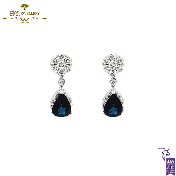 White Gold Pear Cut Sapphire & Brilliant Cut Diamond Earrings - 1.96ct-0