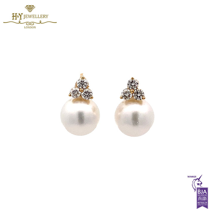 Yellow Gold South Sea Pearl & Brilliant Cut Diamond Earrings - 1.00ct-17333