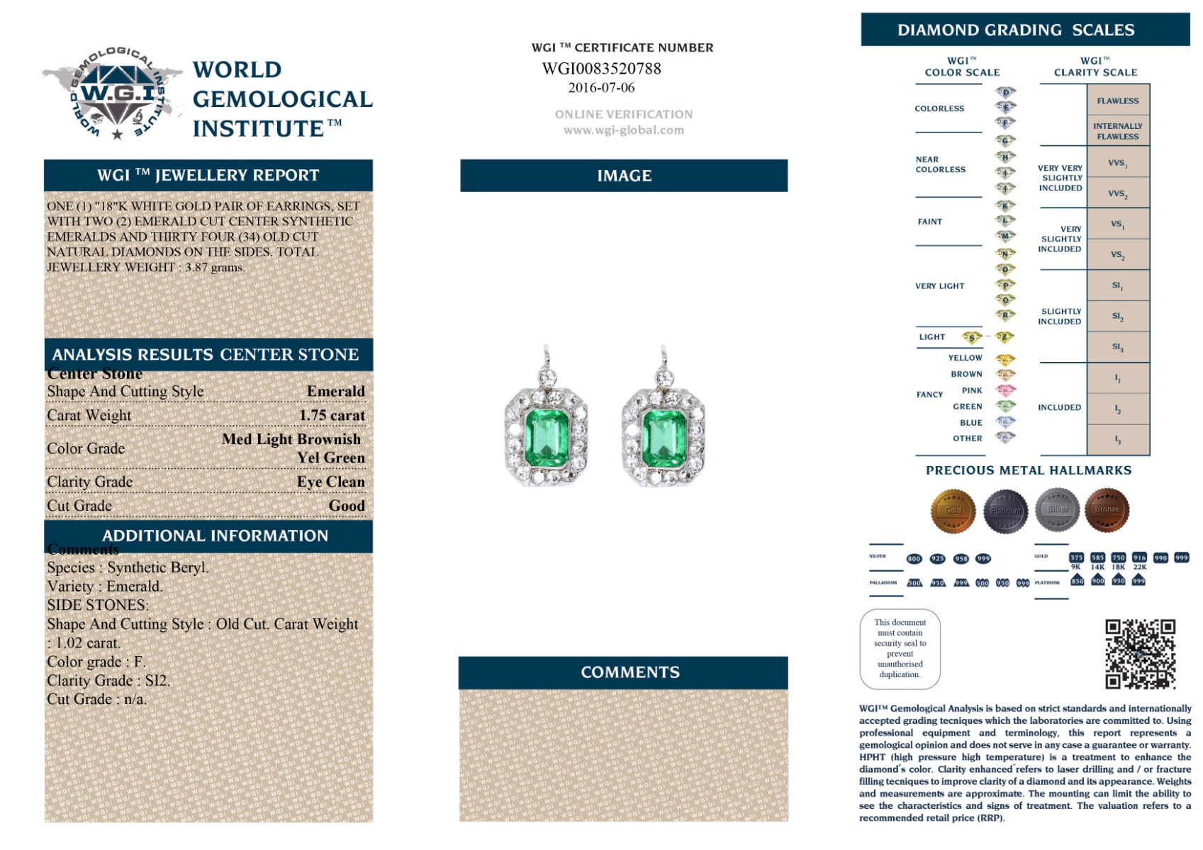 White Gold Emerald Cut Green Emerald & Brilliant Cut Diamond Earrings - 2.77ct-12403