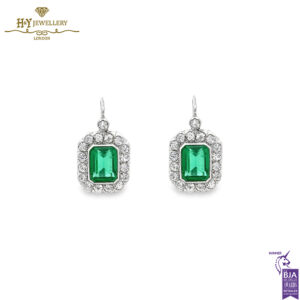White Gold Emerald Cut Green Emerald & Brilliant Cut Diamond Earrings - 2.77ct-0