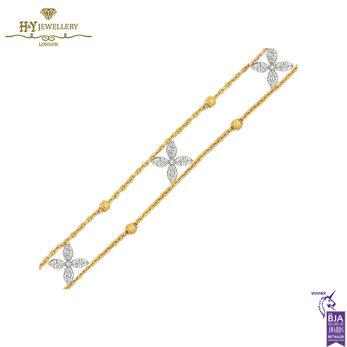 Yellow Gold Flower Design Marquise Cut Diamond Bracelet - 1.11ct-0