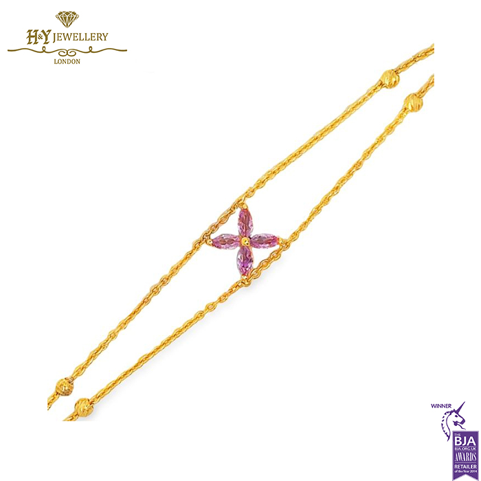 Yellow Gold Flower Design Marquise Cut Pink Sapphire Bracelet - 0.67ct-15302