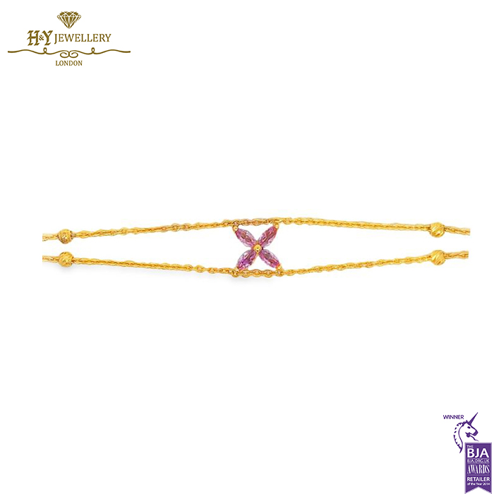 Yellow Gold Flower Design Marquise Cut Pink Sapphire Bracelet - 0.67ct-0
