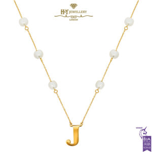 Yellow Gold Pearl Letter (J) Necklace -0