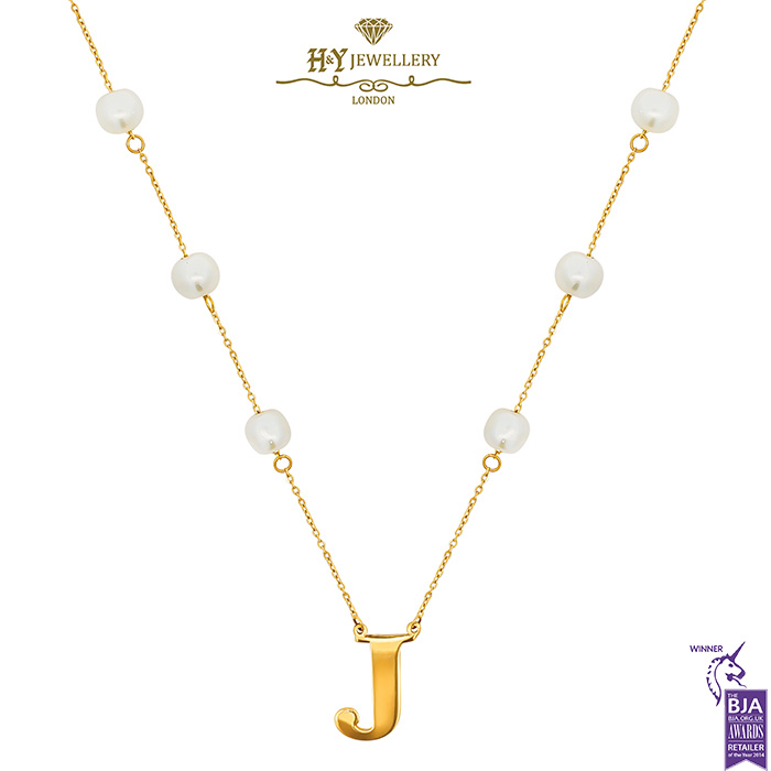Yellow Gold Pearl Letter (J) Necklace -0