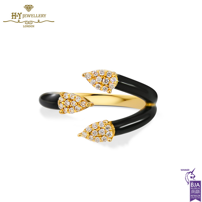 Yellow Gold Claw Pear Diamond Black Enamel Ring - 0.19ct-0