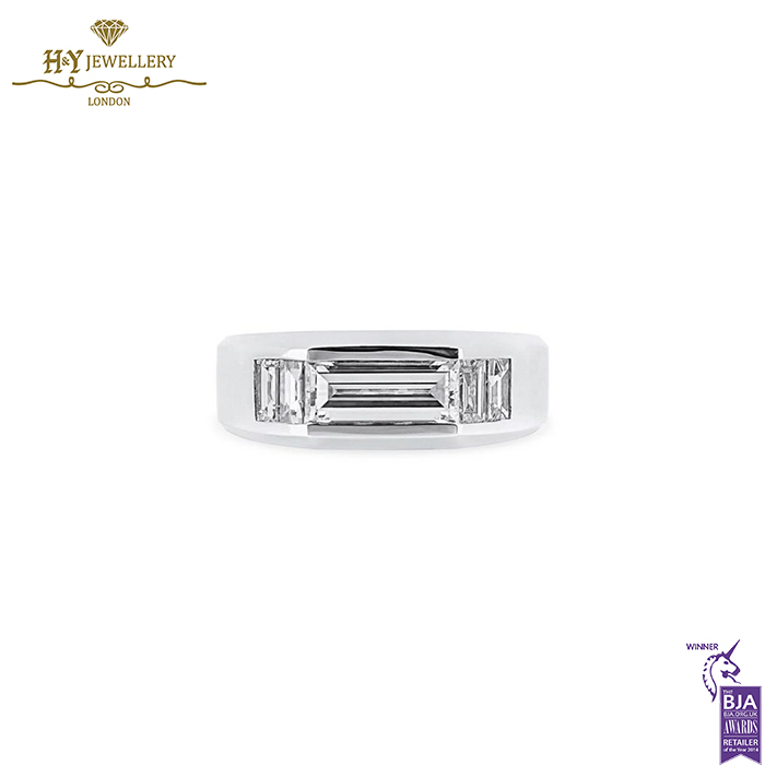 White Gold Rectangular Step Cut Ring set with Tapered Baguette Diamonds and a small Ruby - 2.40ct-0