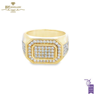 Block Mens Ring Round Cut Diamond Yellow Gold - 0.92ct-0