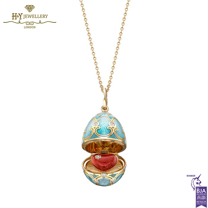 Fabergé Heritage Yellow Gold Diamond & Turquoise Guilloché Enamel Heart Surprise Locket-14826