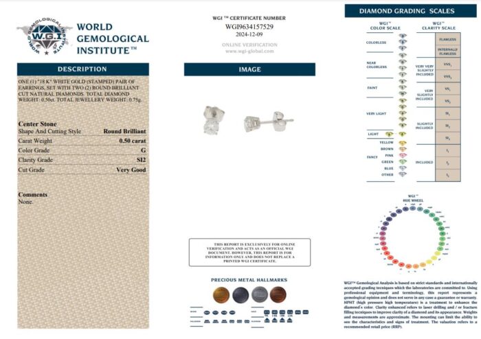 Solitare Diamond Stud Earrings White Gold - 0.50ct-15331