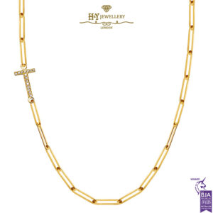 Paper Clip Diamond Initial Necklace (T) Yellow Gold - 0.12ct-0