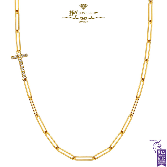 Paper Clip Diamond Initial Necklace (T) Yellow Gold - 0.12ct-0