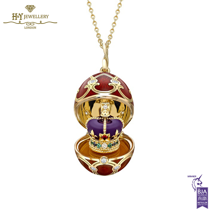 Faberge Heritage Yellow Gold Diamond & Red Guilloche Enamel Coronation Crown Surprise Locket-0