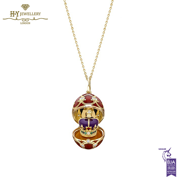 Faberge Heritage Yellow Gold Diamond & Red Guilloche Enamel Coronation Crown Surprise Locket-14940