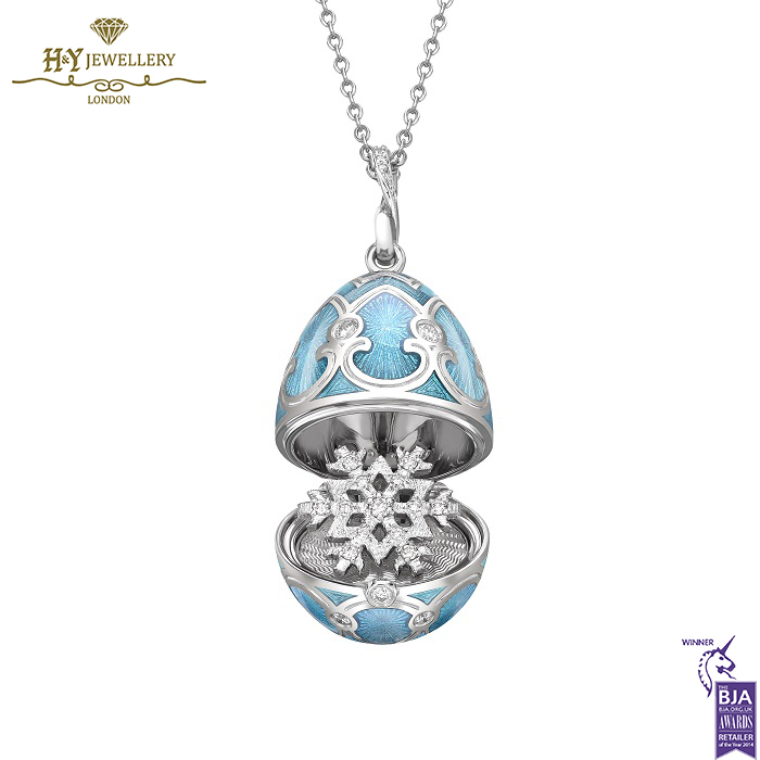 Faberge Heritage White Gold Diamond & Teal Guilloche Enamel Snowflake Surprise Locket-0