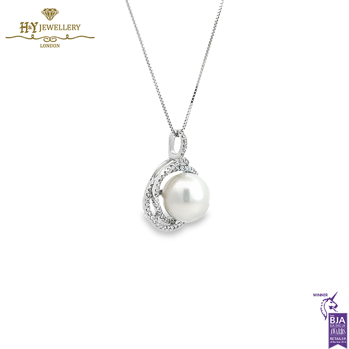 White Gold Pendant South Sea Pearl & Round Brilliant Cut - 0.60ct-16406