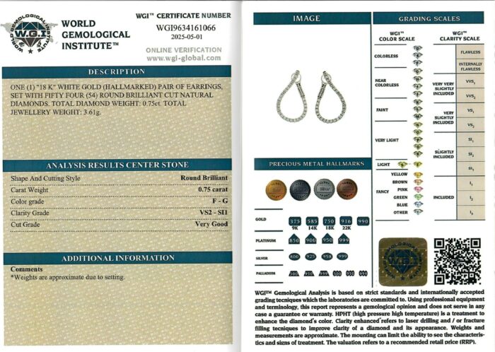 White Gold Brilliant Cut Diamond Earrings - 0.75ct-17219